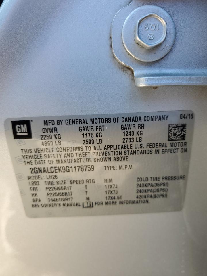 2016 Chevrolet Equinox VIN 2GNALCEK9G1178759 Copart auction photo, front end damage thumbnail 15