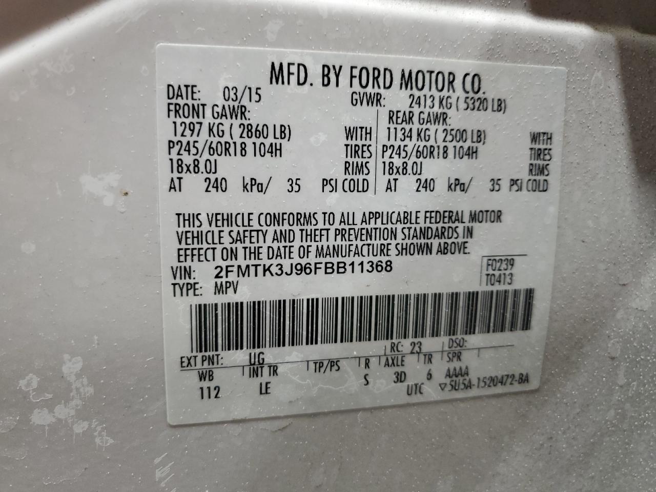2015 Ford Edge VIN 2FMTK3J96FBB11368 Copart auction photo, front end damage thumbnail 15