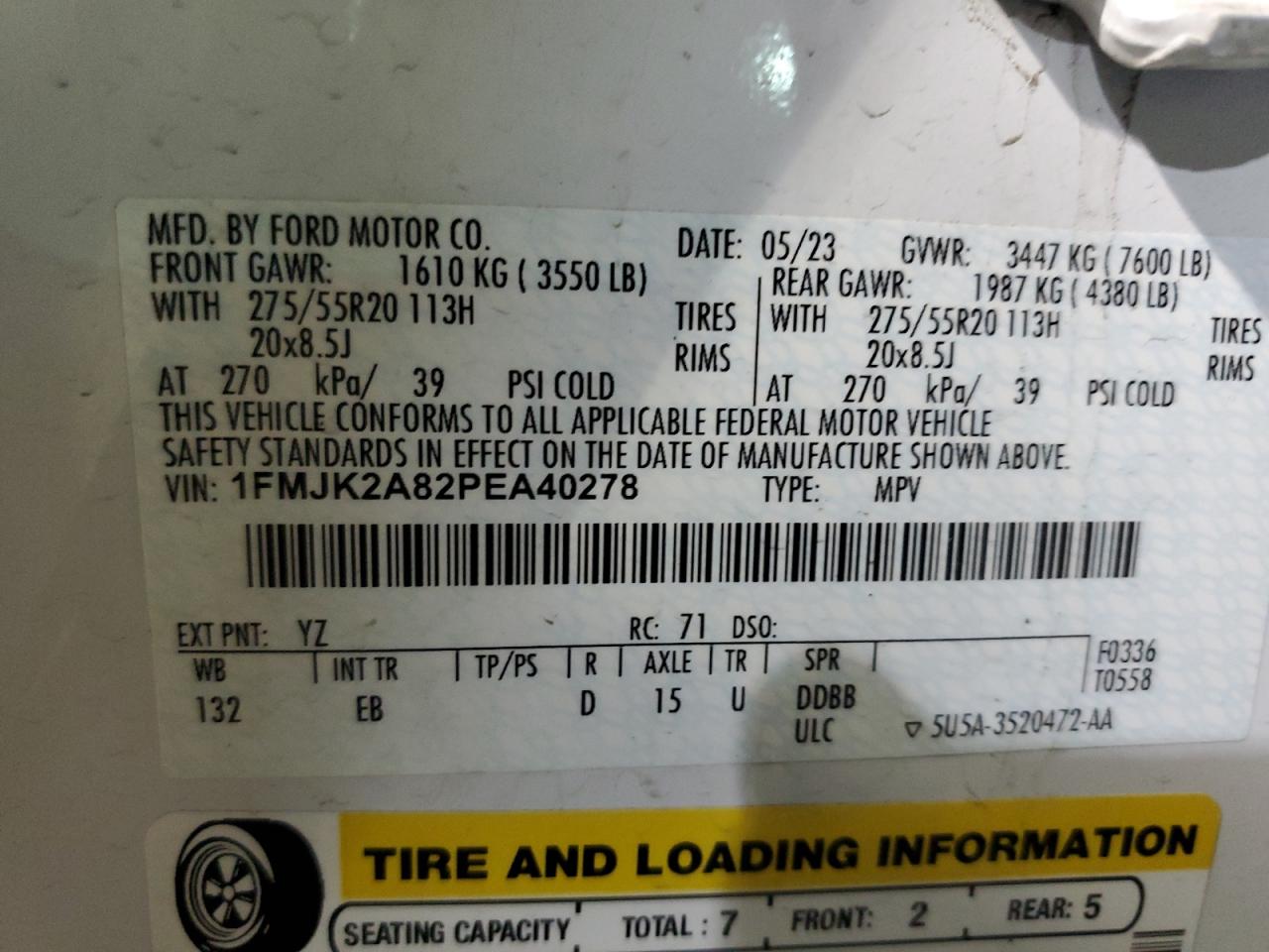 2023 Ford Expedition VIN 1FMJK2A82PEA40278 Copart auction photo, front end / rear end damage thumbnail 14