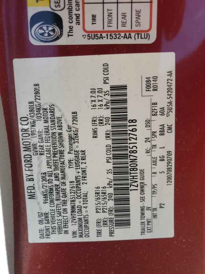 2008 Ford Mustang VIN 1ZVHT80N785127618 Copart auction photo, front end / side damage thumbnail 12