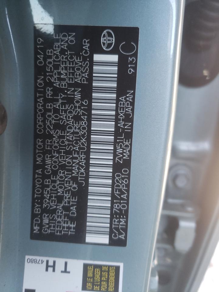 2019 Toyota Prius VIN JTDKARFU2K3084716 Copart auction photo, top/roof damage thumbnail 12