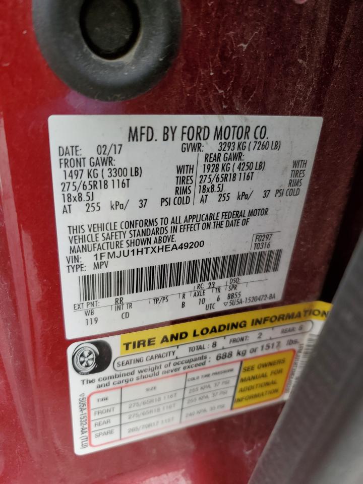 2017 Ford Expedition VIN 1FMJU1HTXHEA49200 Copart auction photo, front end / water/flood damage thumbnail 16