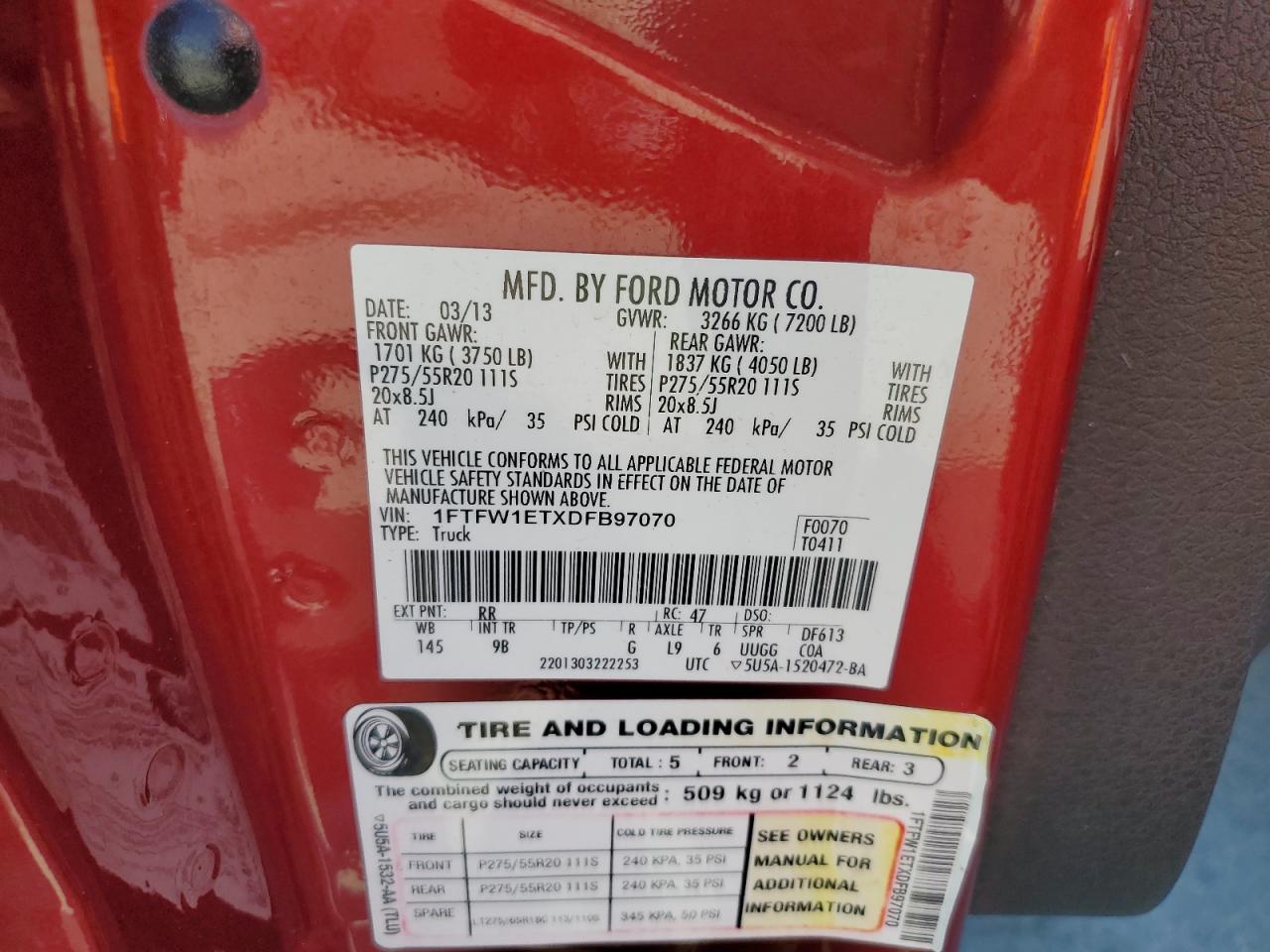 2013 Ford F-150 VIN 1FTFW1ETXDFB97070 Copart auction photo, front end damage thumbnail 13