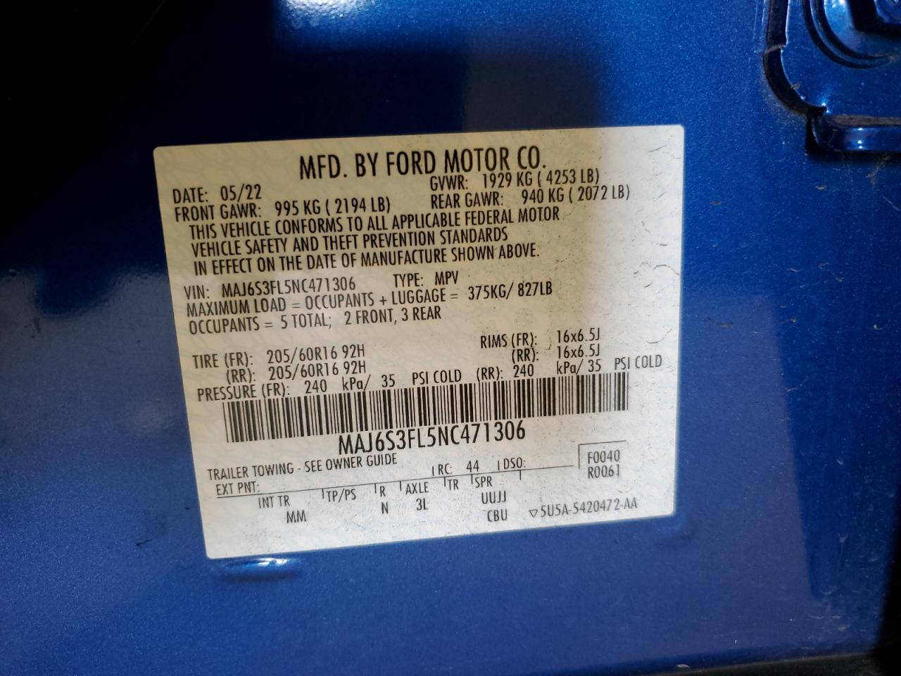 2022 Ford EcoSport VIN MAJ6S3FL5NC471306 Copart auction photo, side / front end damage thumbnail 13