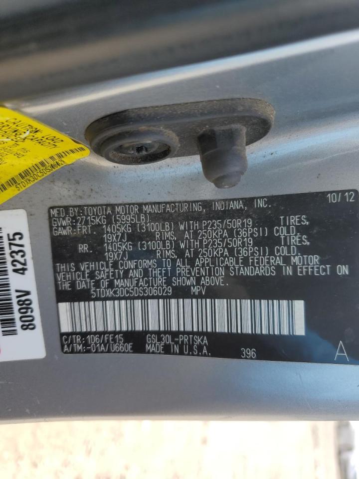 2013 Toyota Sienna VIN 5TDXK3DC5DS306029 Copart auction photo, front end / side damage thumbnail 12