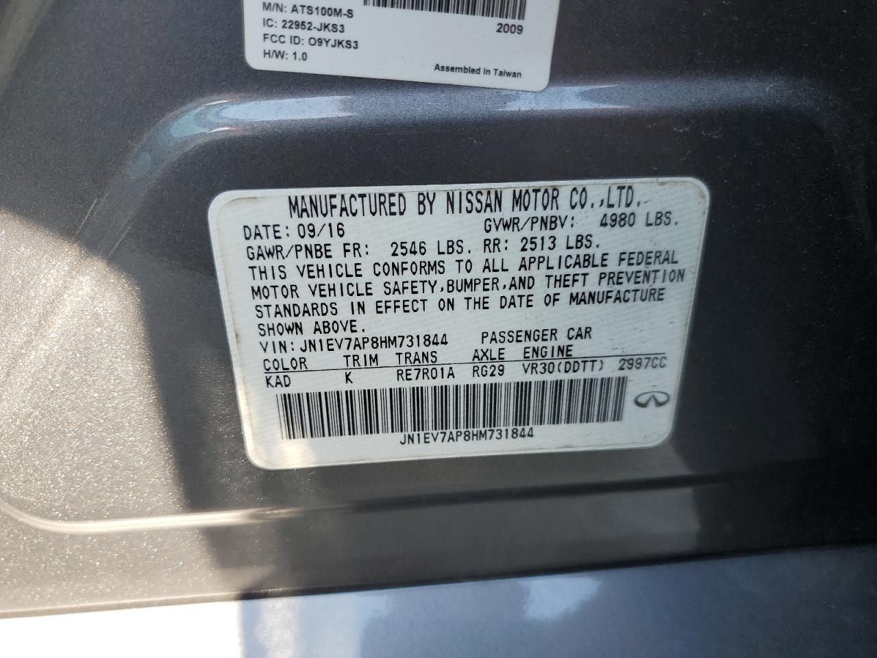 2017 Infiniti Q50 VIN JN1EV7AP8HM731844 Copart auction photo, water/flood damage thumbnail 13