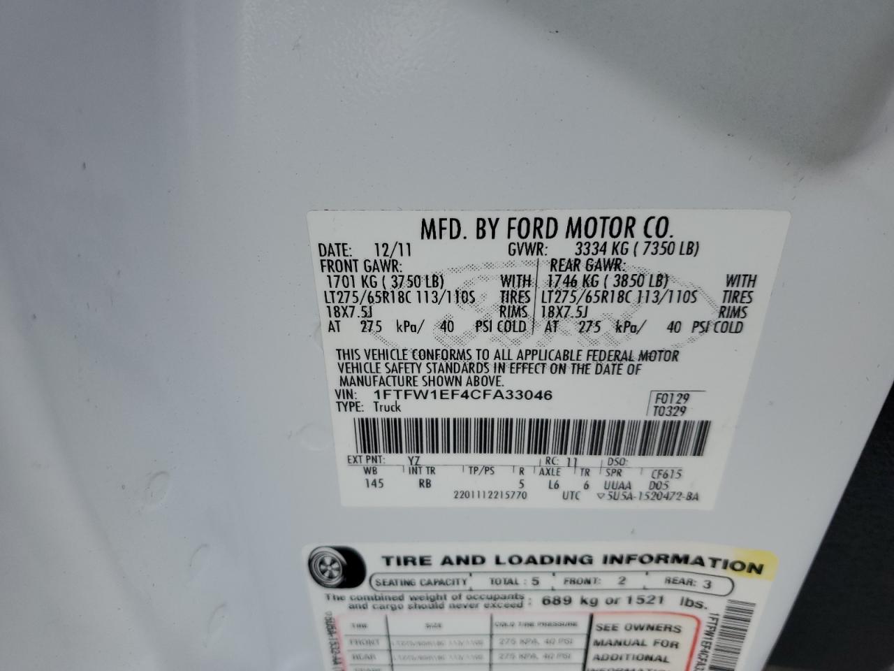 2012 Ford F-150 VIN 1FTFW1EF4CFA33046 Copart auction photo, minor dent/scratches damage thumbnail 12