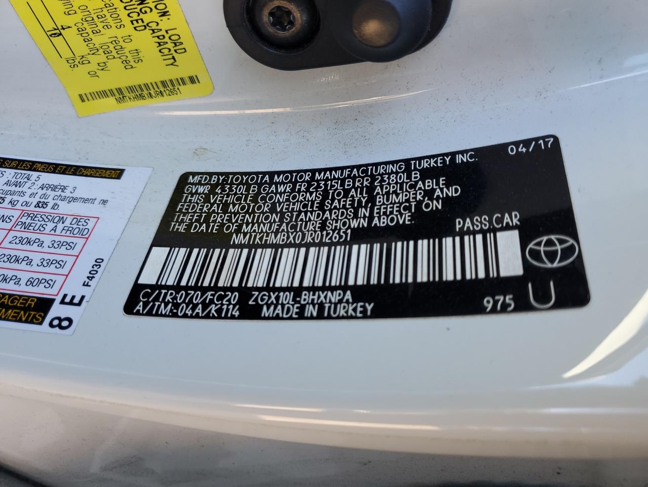 2018 Toyota C-HR VIN NMTKHMBX0JR012651 Copart auction photo, rear end / undercarriage damage thumbnail 12