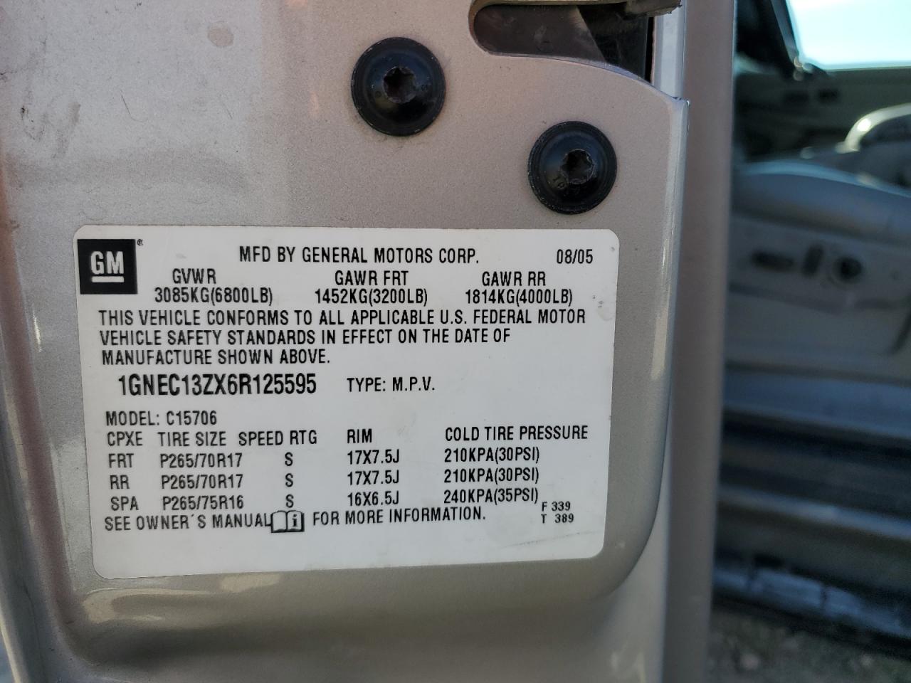 2006 Chevrolet Tahoe VIN 1GNEC13ZX6R125595 Copart auction photo, minor dent/scratches damage thumbnail 13