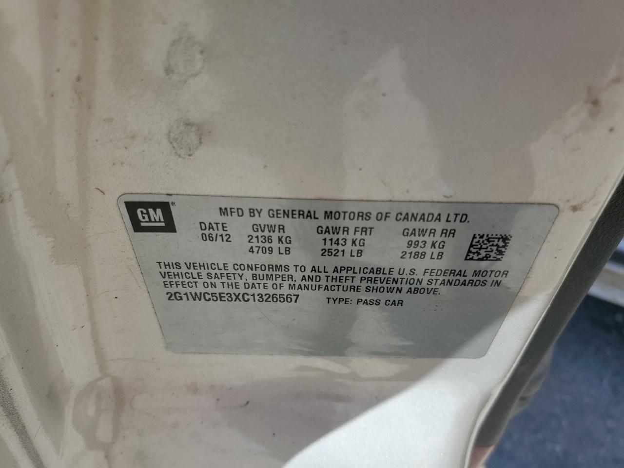 2012 Chevrolet Impala VIN 2G1WC5E3XC1326567 Copart auction photo, side / minor dent/scratches damage thumbnail 12