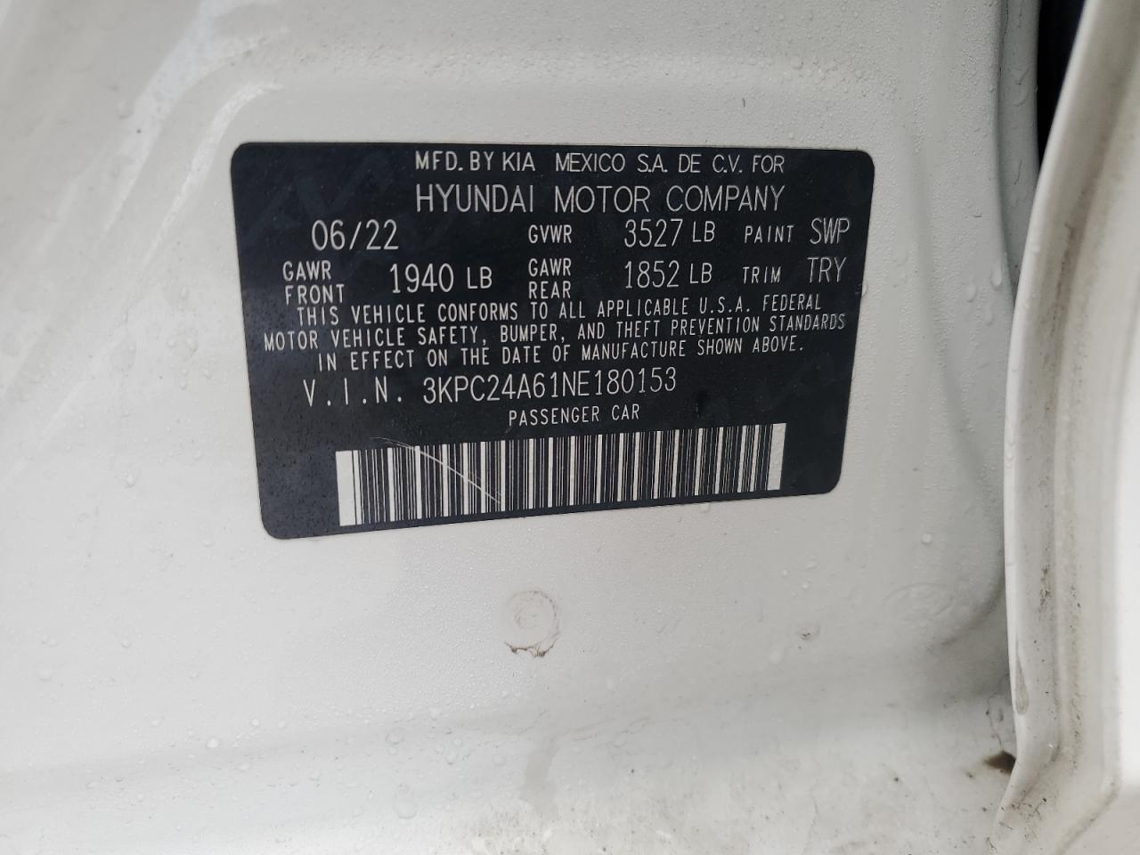 2022 Hyundai Accent VIN 3KPC24A61NE180153 Copart auction photo, front end damage thumbnail 12