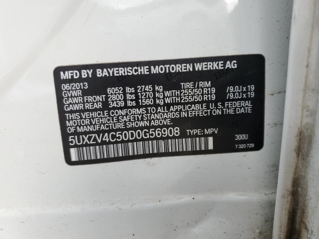 2013 BMW X5 VIN 5UXZV4C50D0G56908 Copart auction photo, side / minor dent/scratches damage thumbnail 13