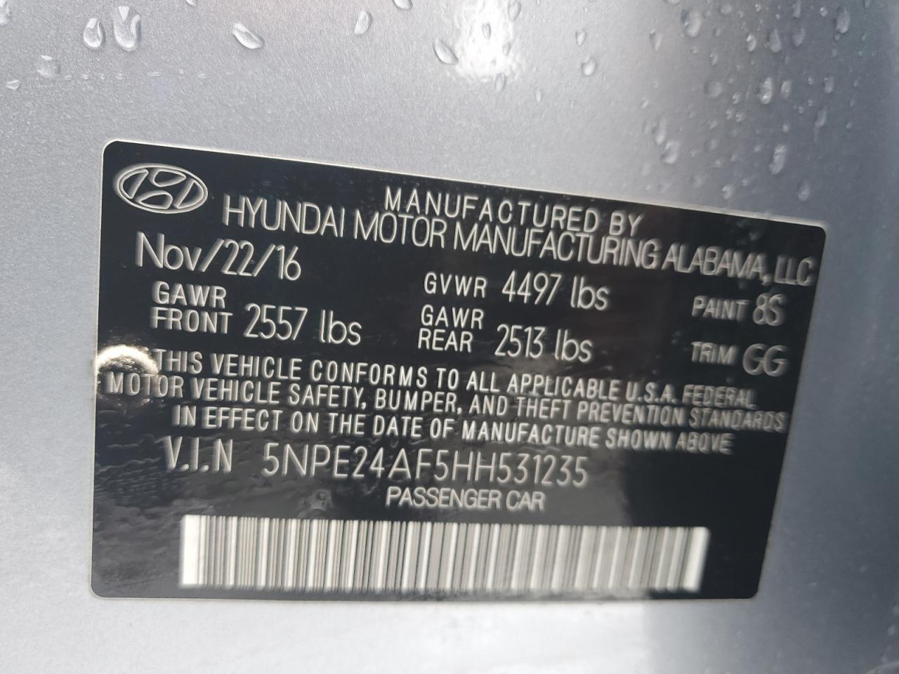2017 Hyundai Sonata VIN 5NPE24AF5HH531235 Copart auction photo, rear end damage thumbnail 13