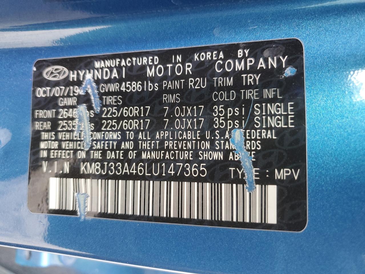 2020 Hyundai Tucson VIN KM8J33A46LU147365 Copart auction photo, front end damage thumbnail 14