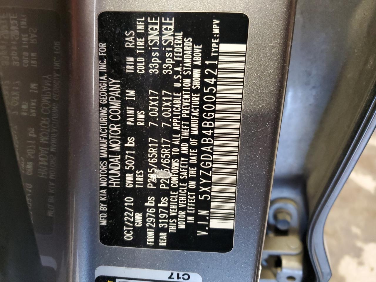 2011 Hyundai Santa Fe VIN 5XYZGDAB4BG005421 Copart auction photo, front end / rear end damage thumbnail 13