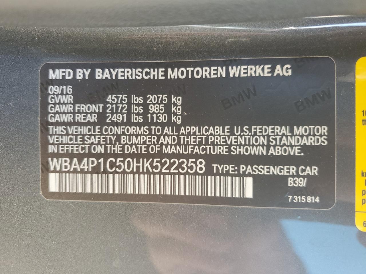 2017 BMW 4er VIN WBA4P1C50HK522358 Copart auction photo, all over damage thumbnail 14