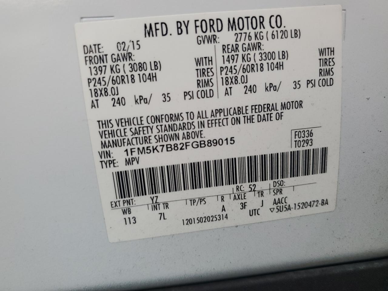 2015 Ford Explorer VIN 1FM5K7B82FGB89015 Copart auction photo, front end / rear end damage thumbnail 13
