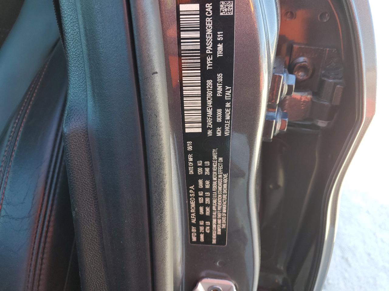 2019 Alfa Romeo Giulia VIN ZARFAMEV4K7601298 Copart auction photo, side / rear end damage thumbnail 14