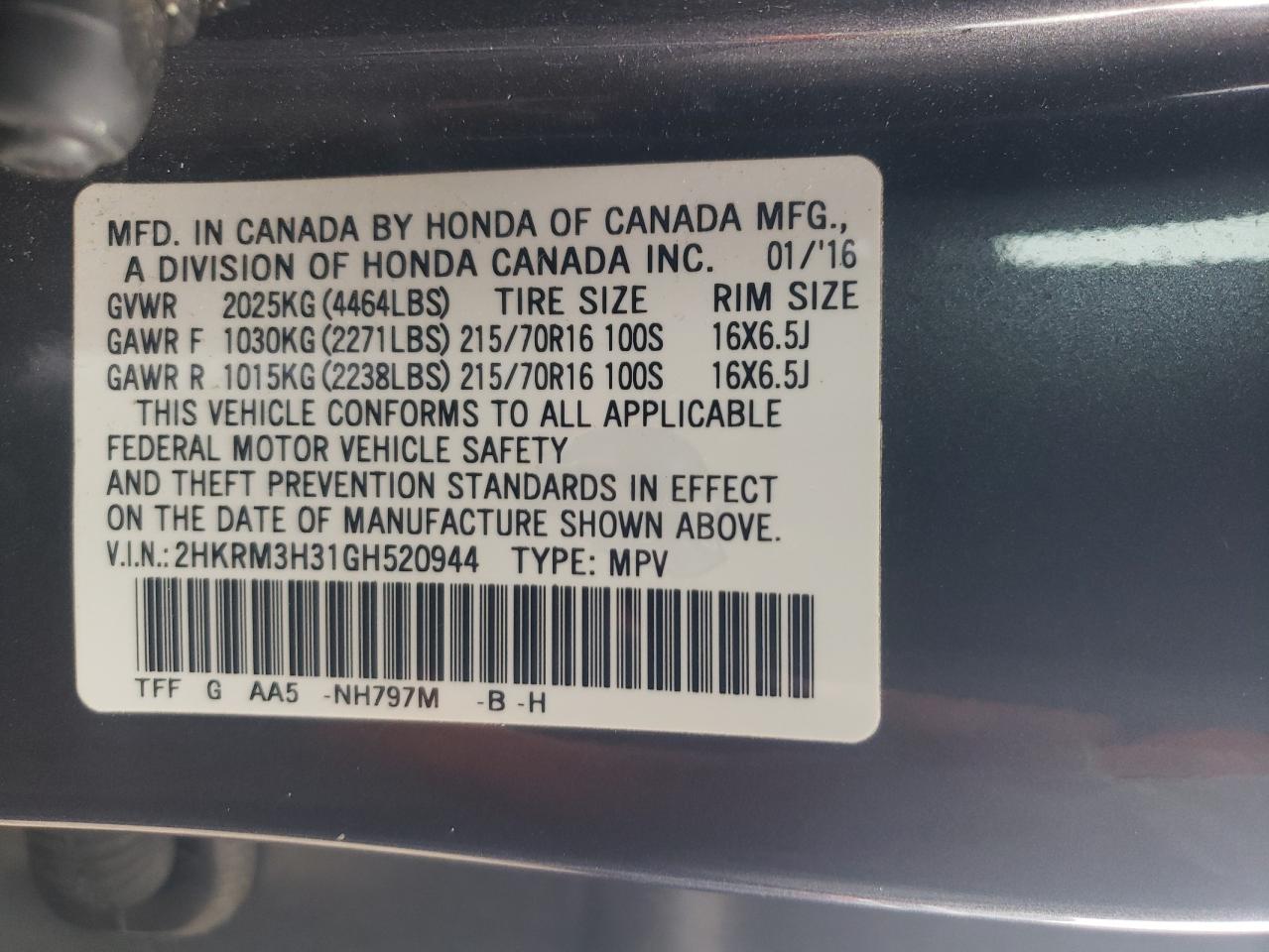 2016 Honda CR-V VIN 2HKRM3H31GH520944 Copart auction photo, front end / minor dent/scratches damage thumbnail 12