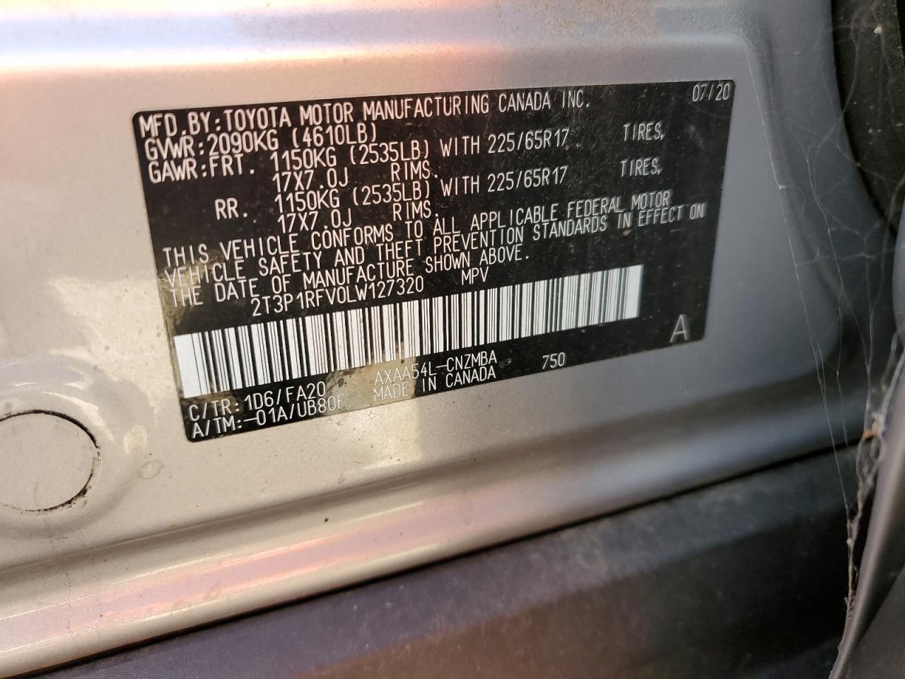 2020 Toyota RAV 4 VIN 2T3P1RFV0LW127320 Copart auction photo, side damage thumbnail 15