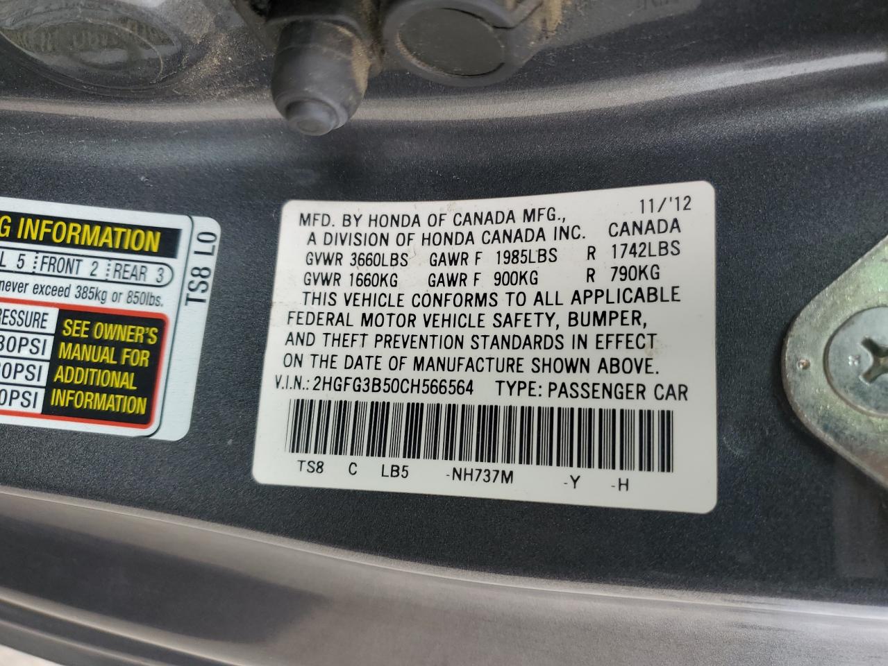2012 Honda Civic VIN 2HGFG3B50CH566564 Copart auction photo, front end damage thumbnail 12