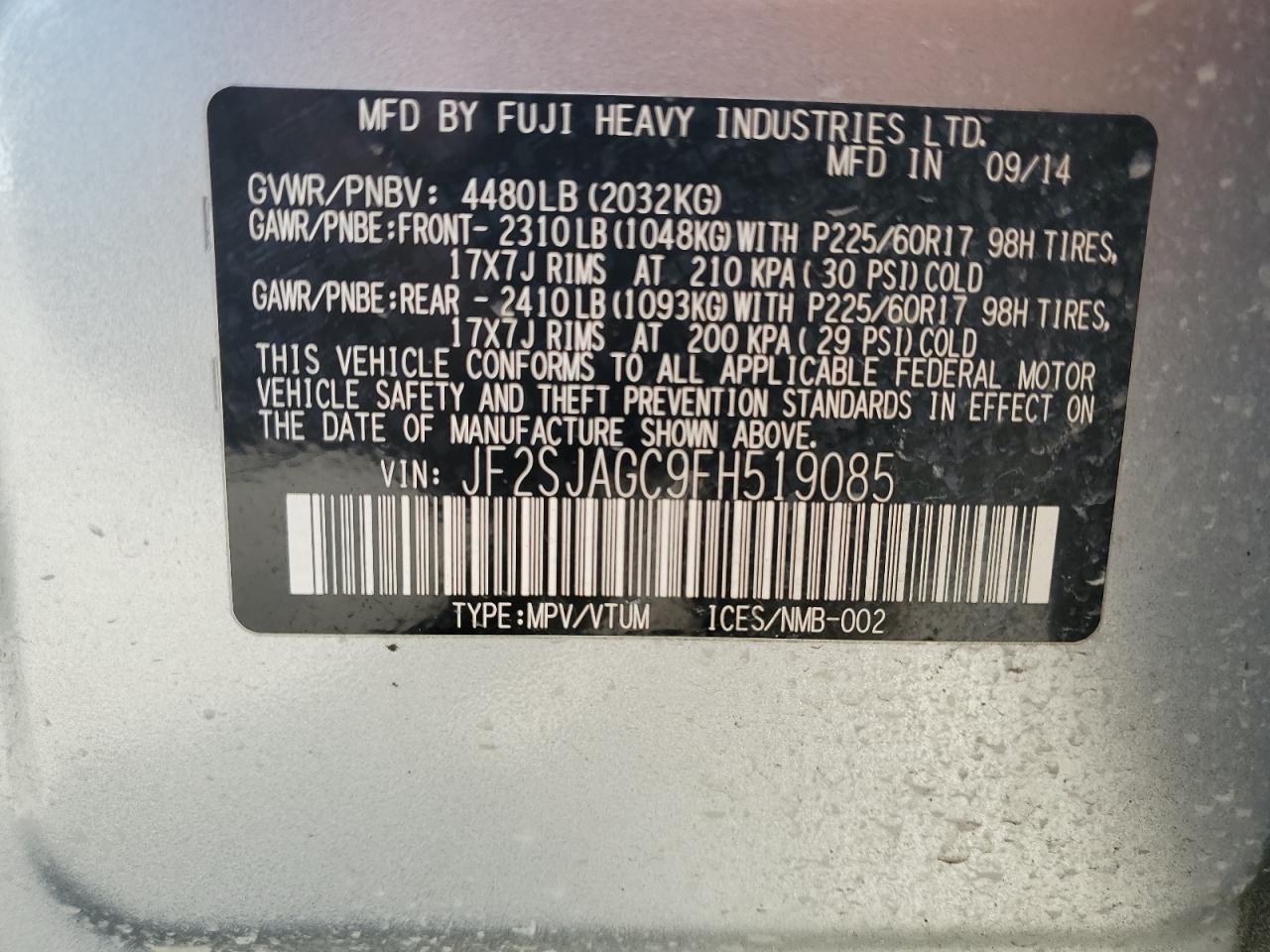 2015 Subaru Forester VIN JF2SJAGC9FH519085 Copart auction photo, all over damage thumbnail 13