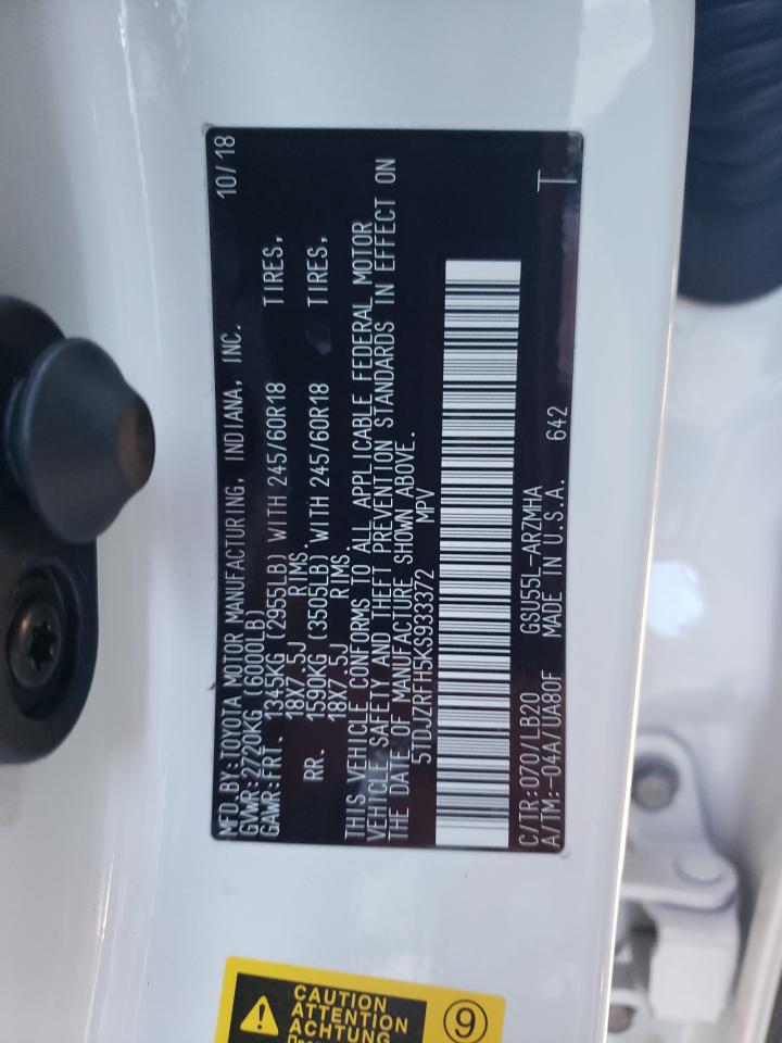 2019 Toyota Highlander VIN 5TDJZRFH5KS933372 Copart auction photo, rear end / side damage thumbnail 13