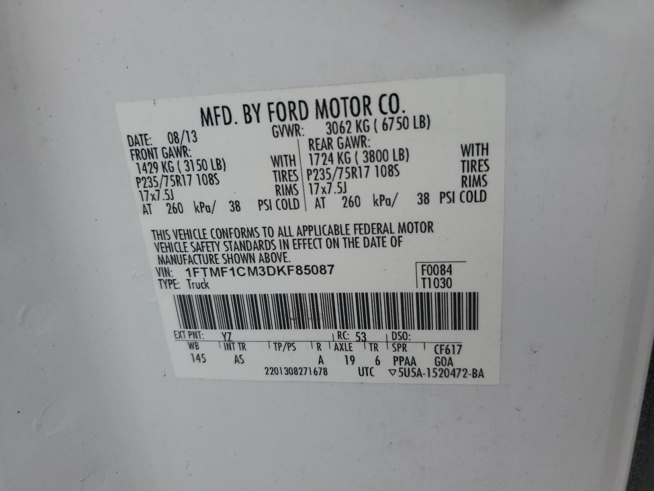 2013 Ford F-150 VIN 1FTMF1CM3DKF85087 Copart auction photo, hail damage thumbnail 12