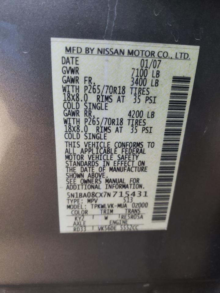 2007 Nissan Armada VIN 5N1BA08CX7N715431 Copart auction photo, side / all over damage thumbnail 13
