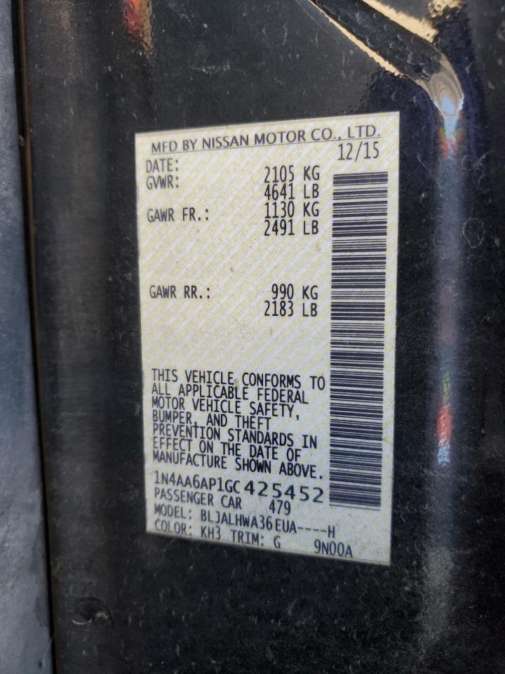 2016 Nissan Maxima VIN 1N4AA6AP1GC425452 Copart auction photo, all over damage thumbnail 15