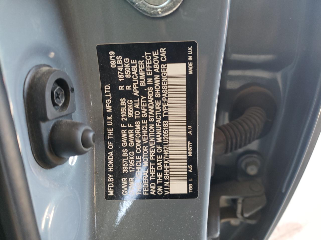 2020 Honda Civic VIN SHHFK7H62LU205183 Copart auction photo, rejected repair / rear end damage thumbnail 12