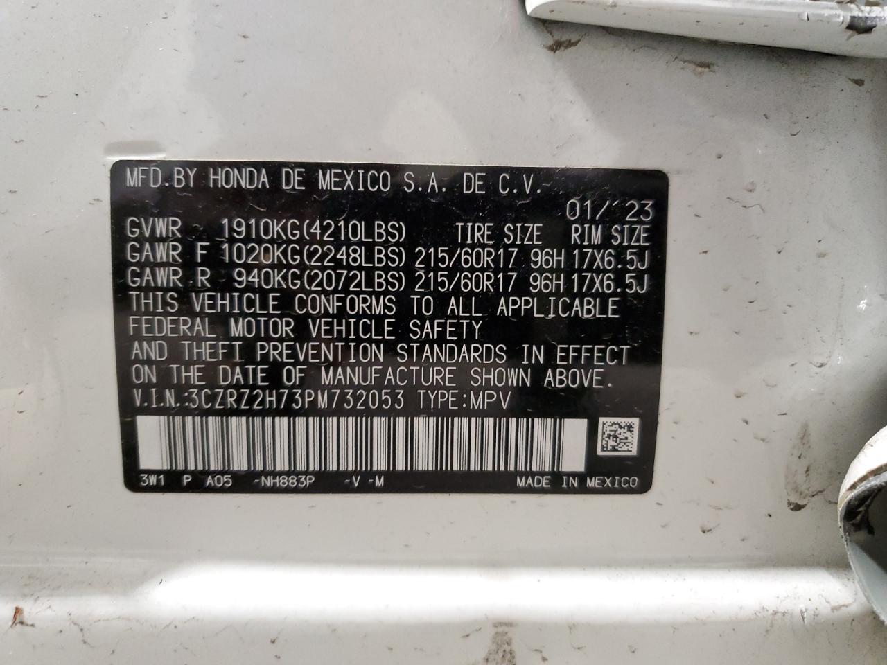 2023 Honda HR-V VIN 3CZRZ2H73PM732053 Copart auction photo, side damage thumbnail 15