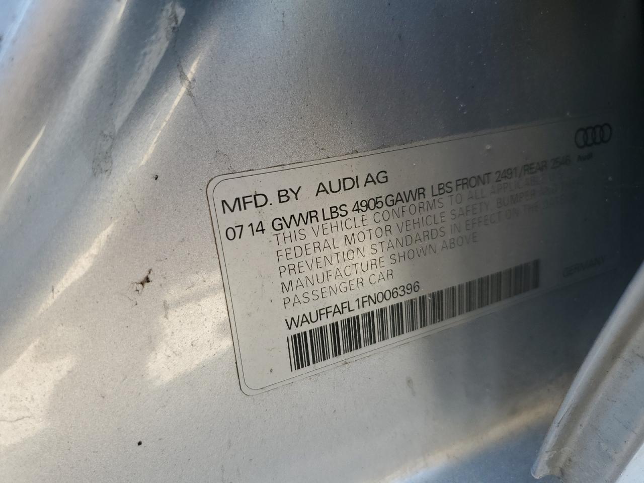 2015 Audi A4 VIN WAUFFAFL1FN006396 Copart auction photo, all over damage thumbnail 12
