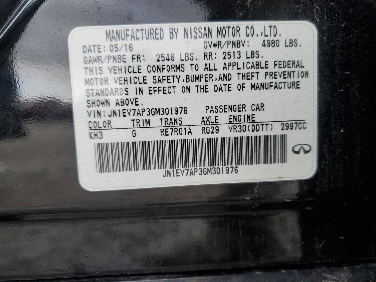 2016 Infiniti Q50 VIN JN1EV7AP3GM301976 Copart auction photo, front end damage thumbnail 13