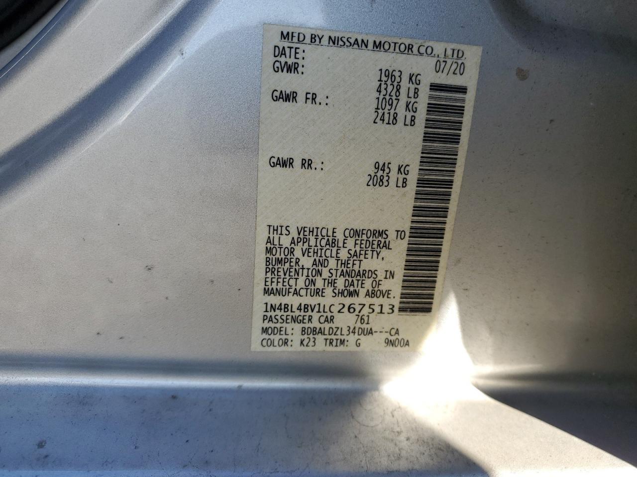2020 Nissan Altima VIN 1N4BL4BV1LC267513 Copart auction photo, front end / side damage thumbnail 13
