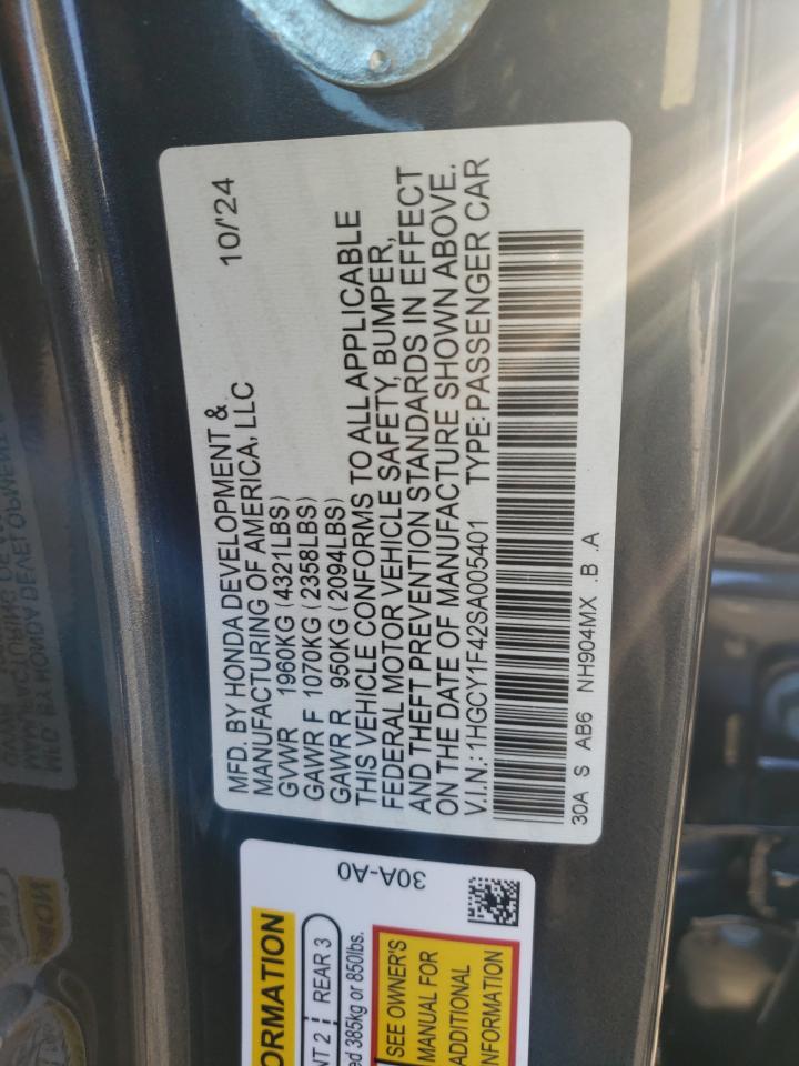 2025 Honda Accord VIN 1HGCY1F42SA005401 Copart auction photo, rear end damage thumbnail 12