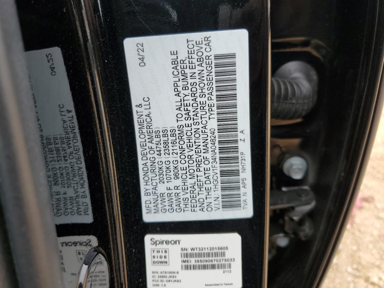 2022 Honda Accord VIN 1HGCV1F34NA048240 Copart auction photo, front end damage thumbnail 13