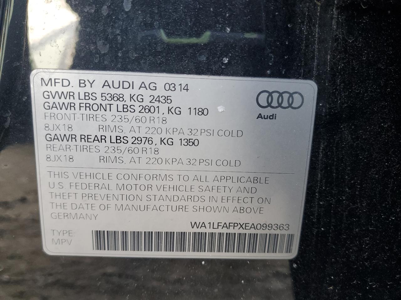 2014 Audi Q5 VIN WA1LFAFPXEA099363 Copart auction photo, front end / minor dent/scratches damage thumbnail 13