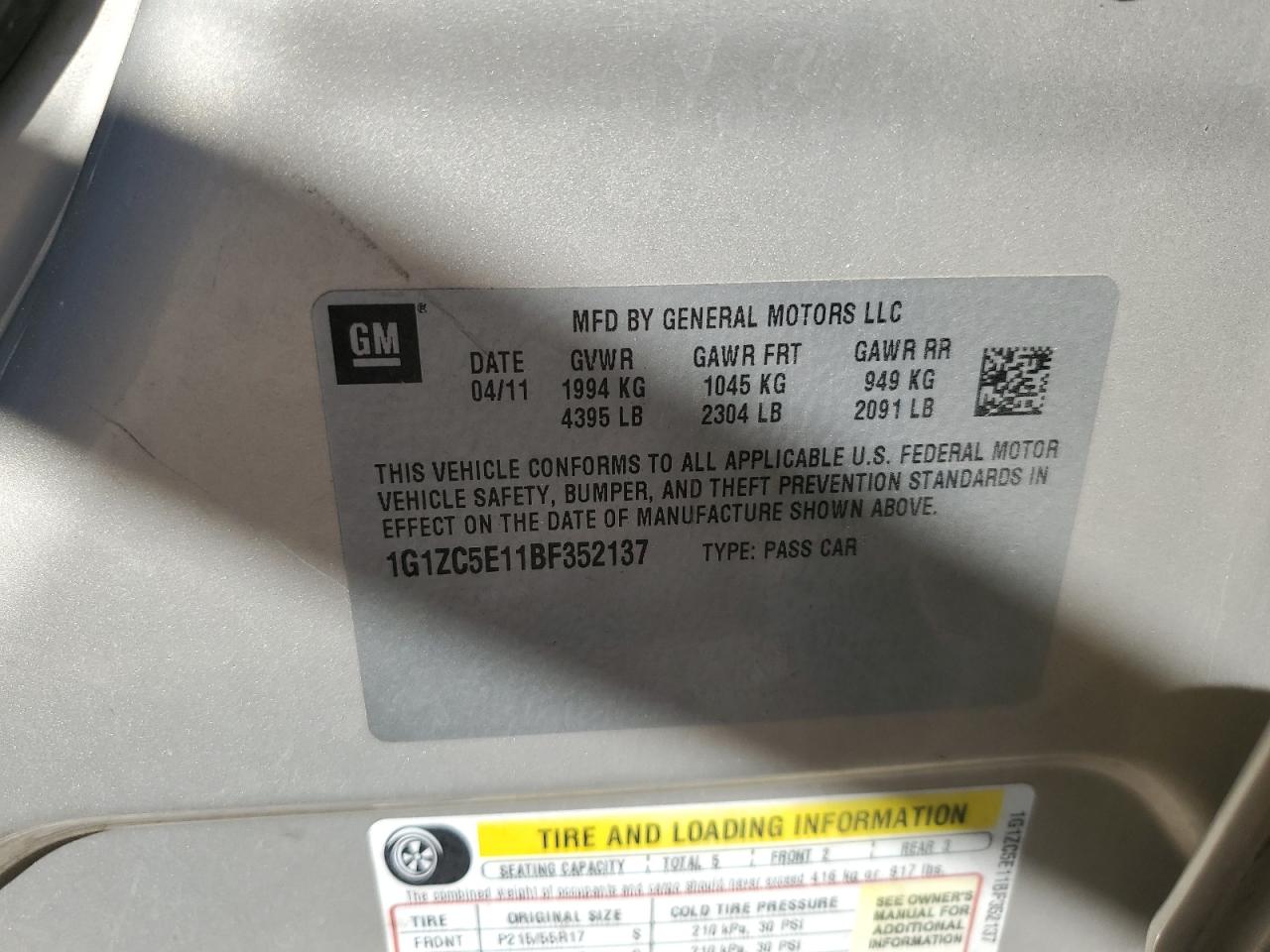 2011 Chevrolet Malibu VIN 1G1ZC5E11BF352137 Copart auction photo, side damage thumbnail 14