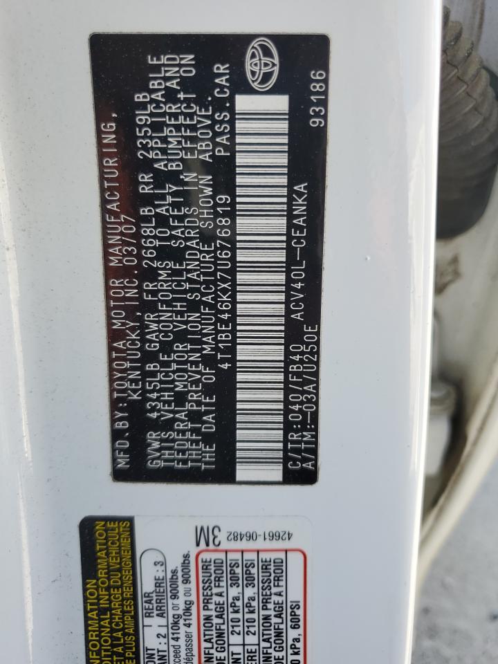 2007 Toyota Camry VIN 4T1BE46KX7U676819 Copart auction photo, rear end damage thumbnail 12