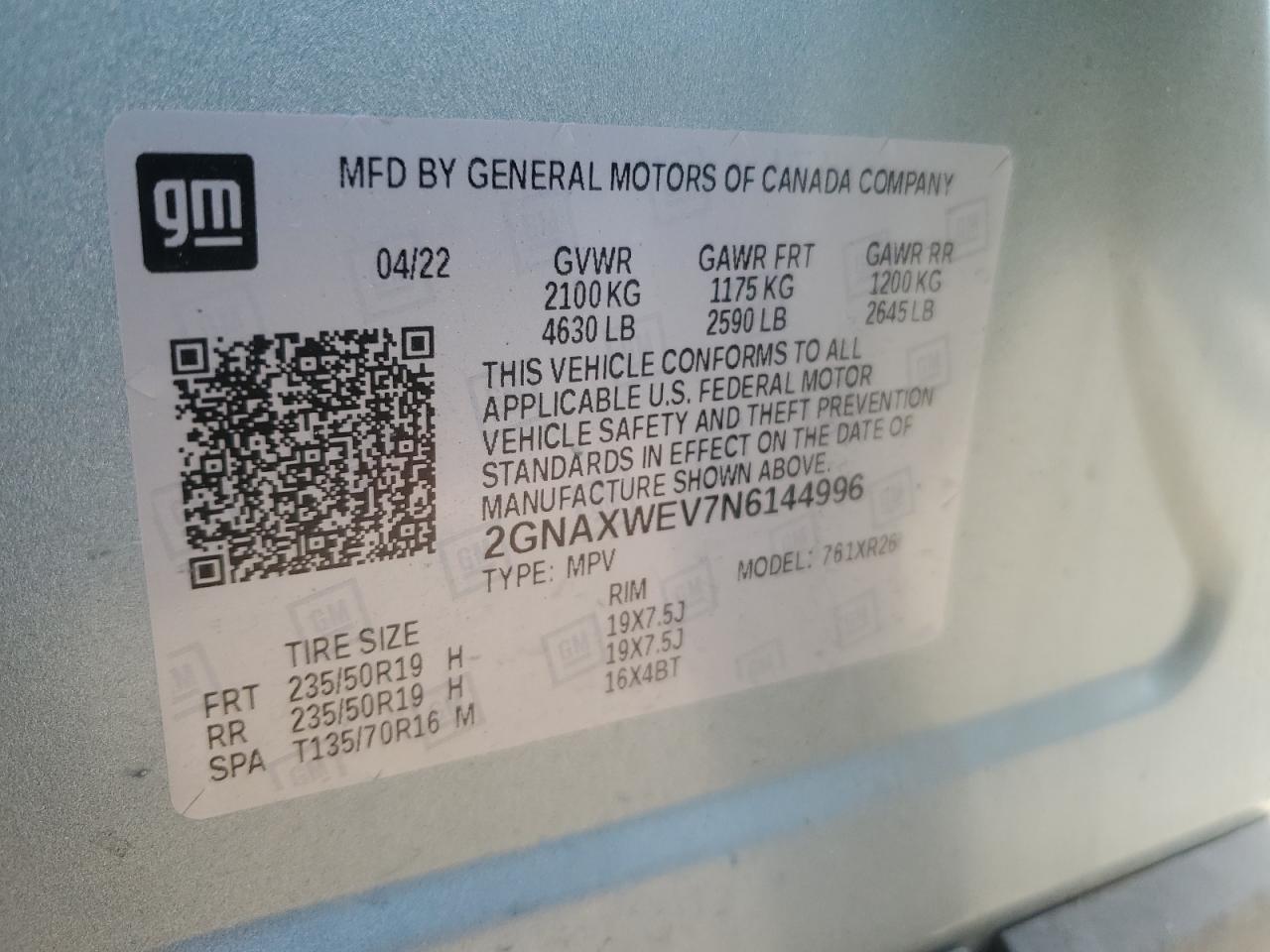 2022 Chevrolet Equinox VIN 2GNAXWEV7N6144996 Copart auction photo, front end / side damage thumbnail 12