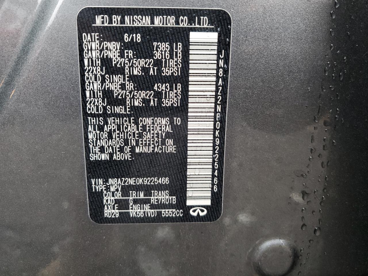 2019 Infiniti QX80 VIN JN8AZ2NE0K9225466 Copart auction photo, front end / side damage thumbnail 15