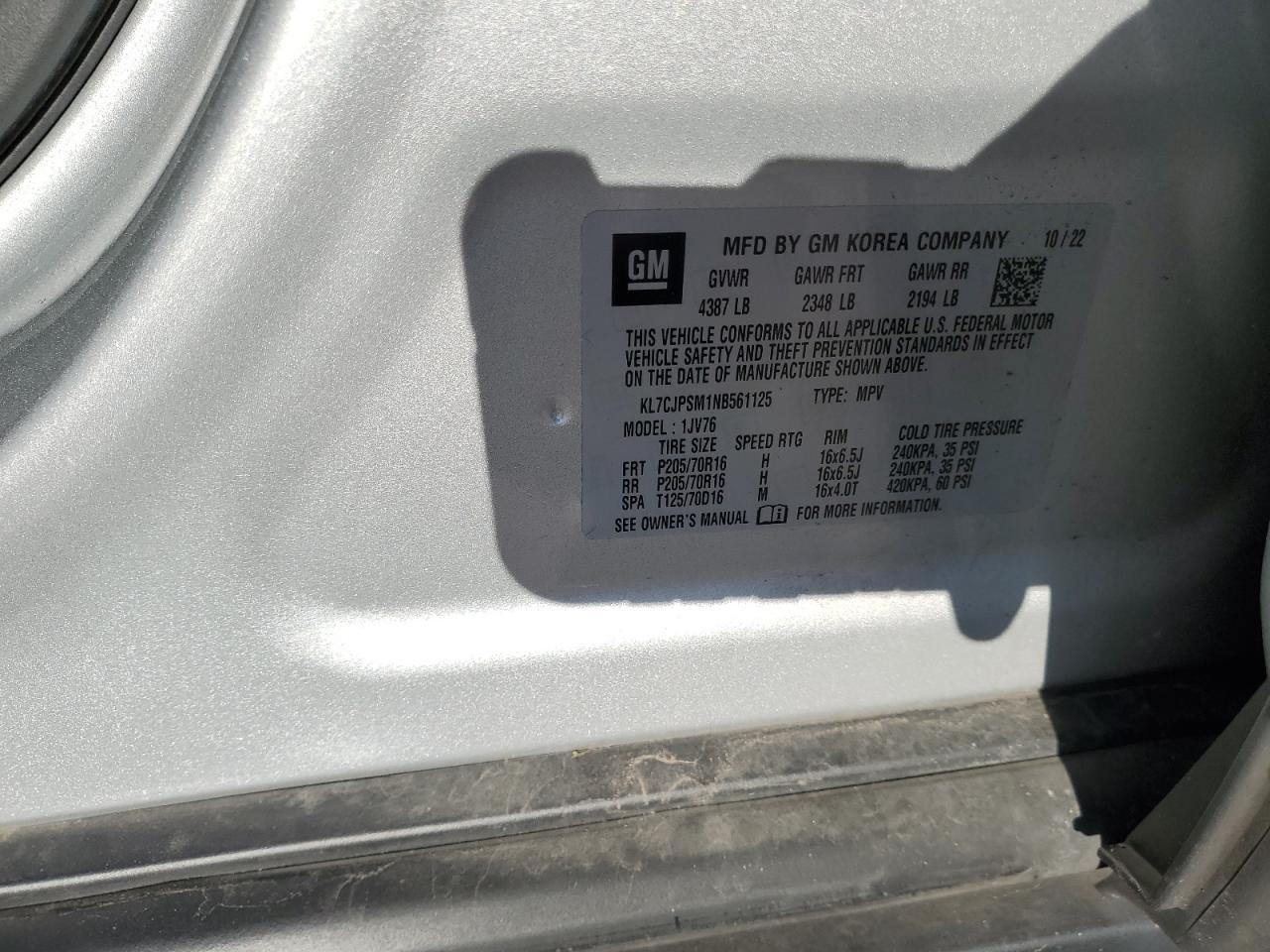 2022 Chevrolet Trax VIN KL7CJPSM1NB561125 Copart auction photo, rear end damage thumbnail 13