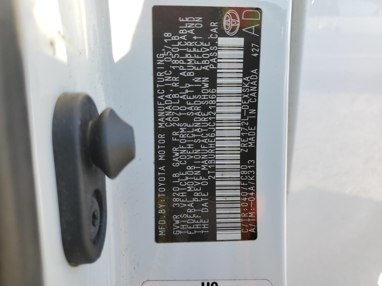 2018 Toyota Corolla VIN 2T1BURHE6JC121866 Copart auction photo, rear end damage thumbnail 13