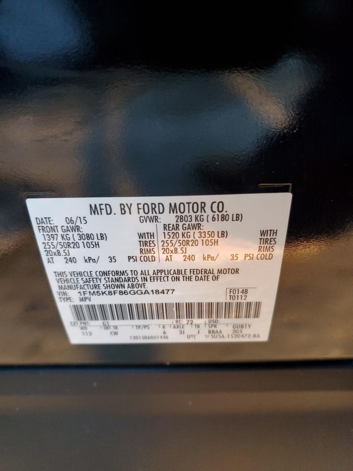 2016 Ford Explorer VIN 1FM5K8F86GGA18477 Copart auction photo, rear end damage thumbnail 12