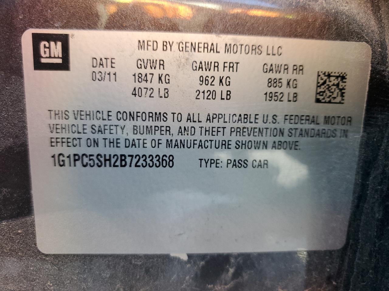 2011 Chevrolet Cruze VIN 1G1PC5SH2B7233368 Copart auction photo, side / rear end damage thumbnail 13