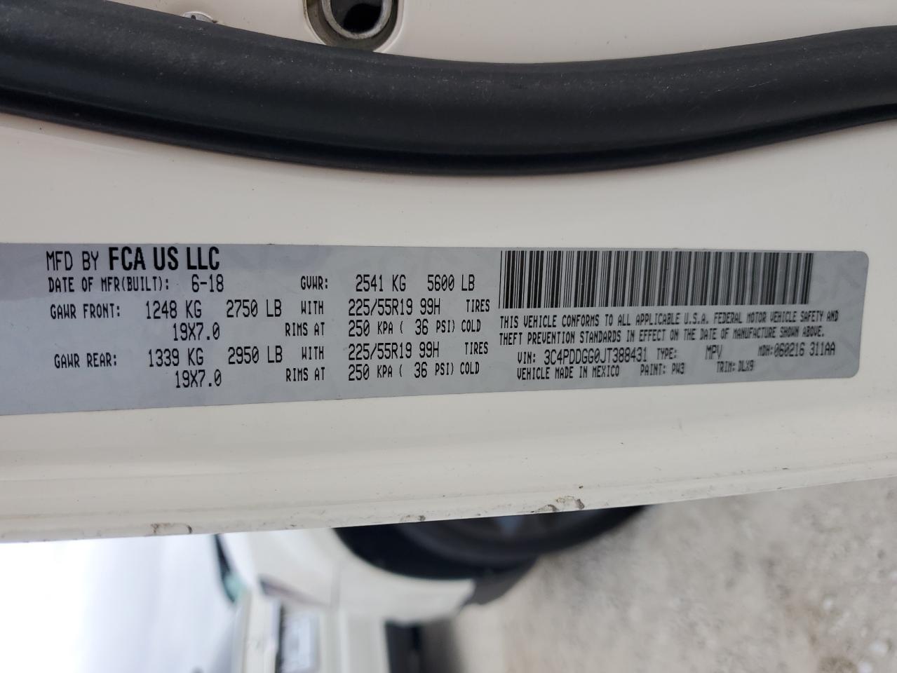 2018 Dodge Journey VIN 3C4PDDGG0JT388431 Copart auction photo, water/flood damage thumbnail 14
