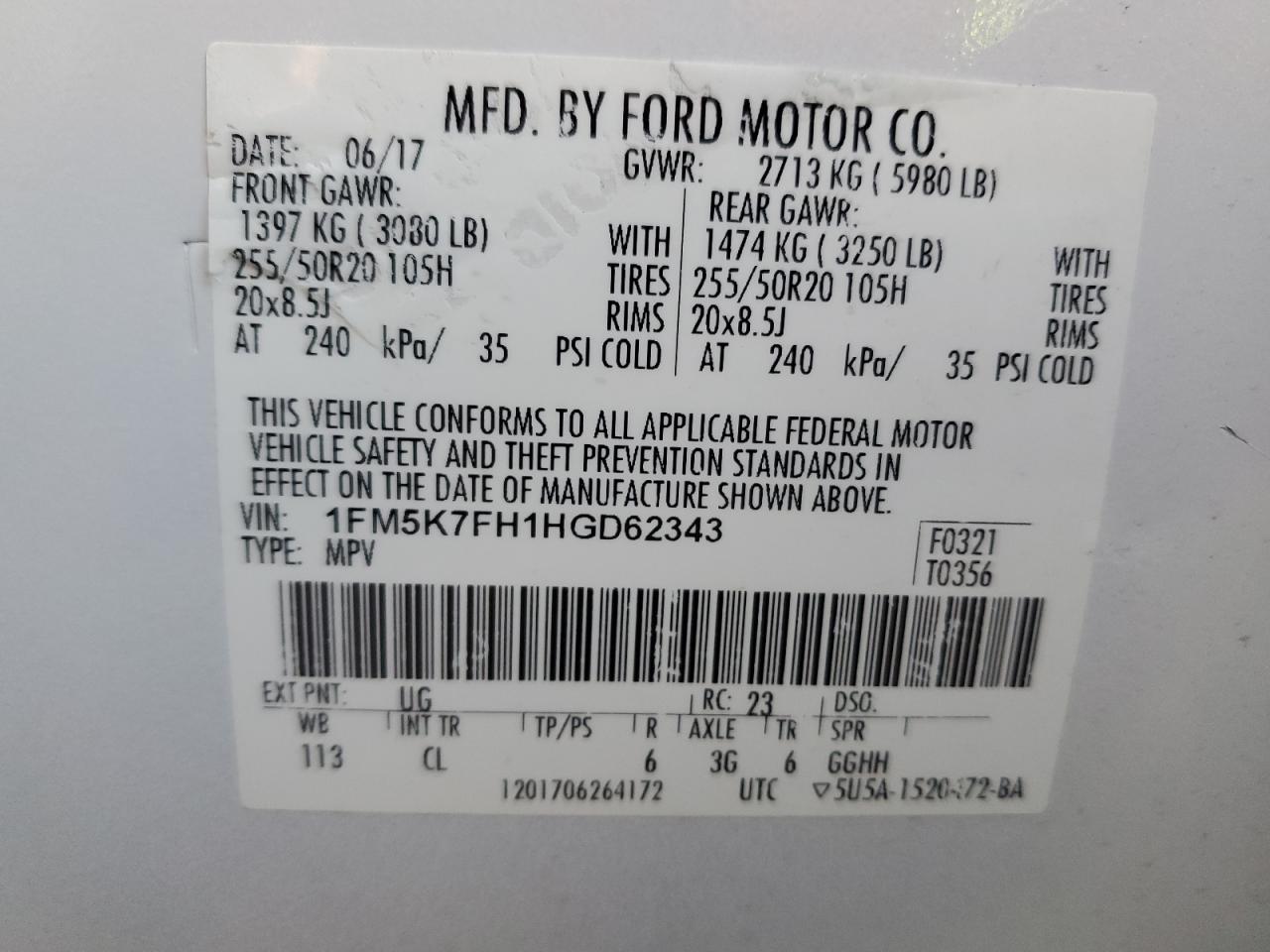 2017 Ford Explorer VIN 1FM5K7FH1HGD62343 Copart auction photo, front end / side damage thumbnail 14