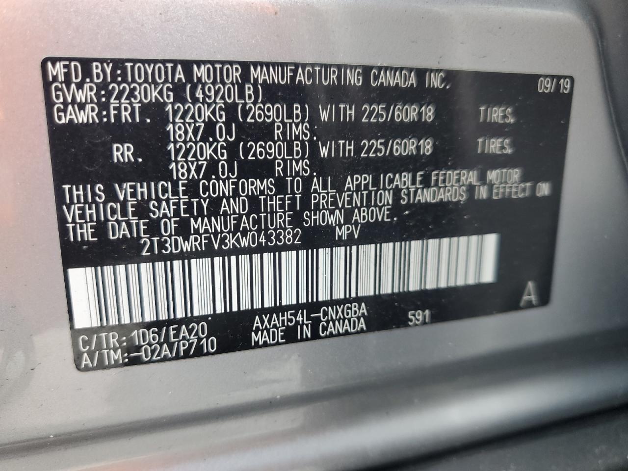 2019 Toyota RAV 4 VIN 2T3DWRFV3KW043382 Copart auction photo, front end / minor dent/scratches damage thumbnail 14