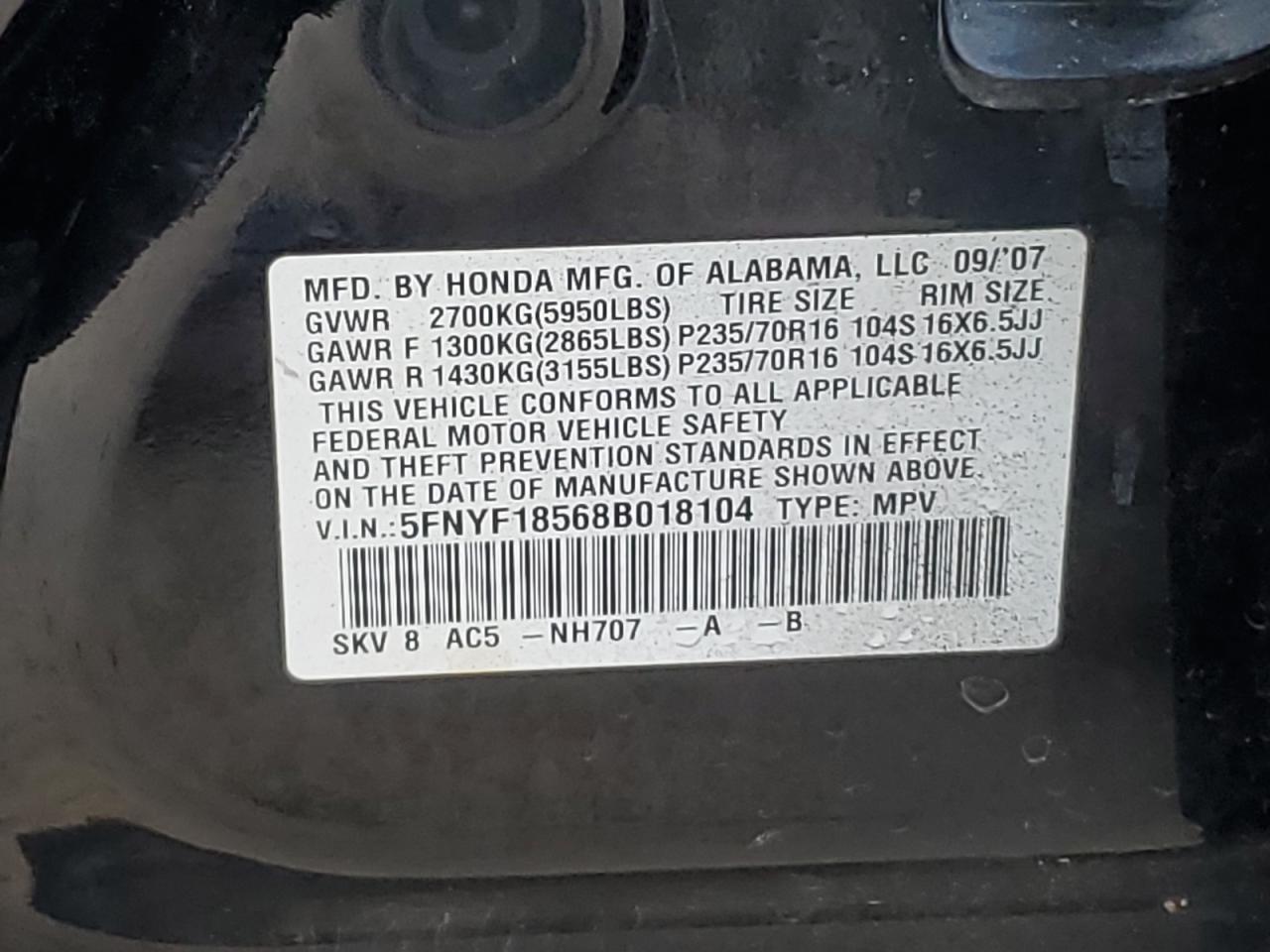 2008 Honda Pilot VIN 5FNYF18568B018104 Copart auction photo, all over / undercarriage damage thumbnail 13